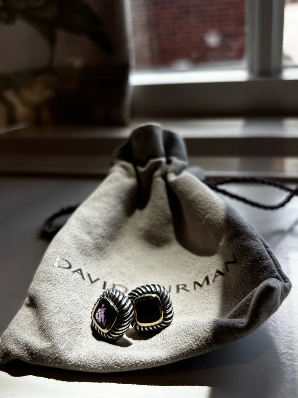 David Yurman Silver Cable Earrings with Deep Purple Amethyst Stones